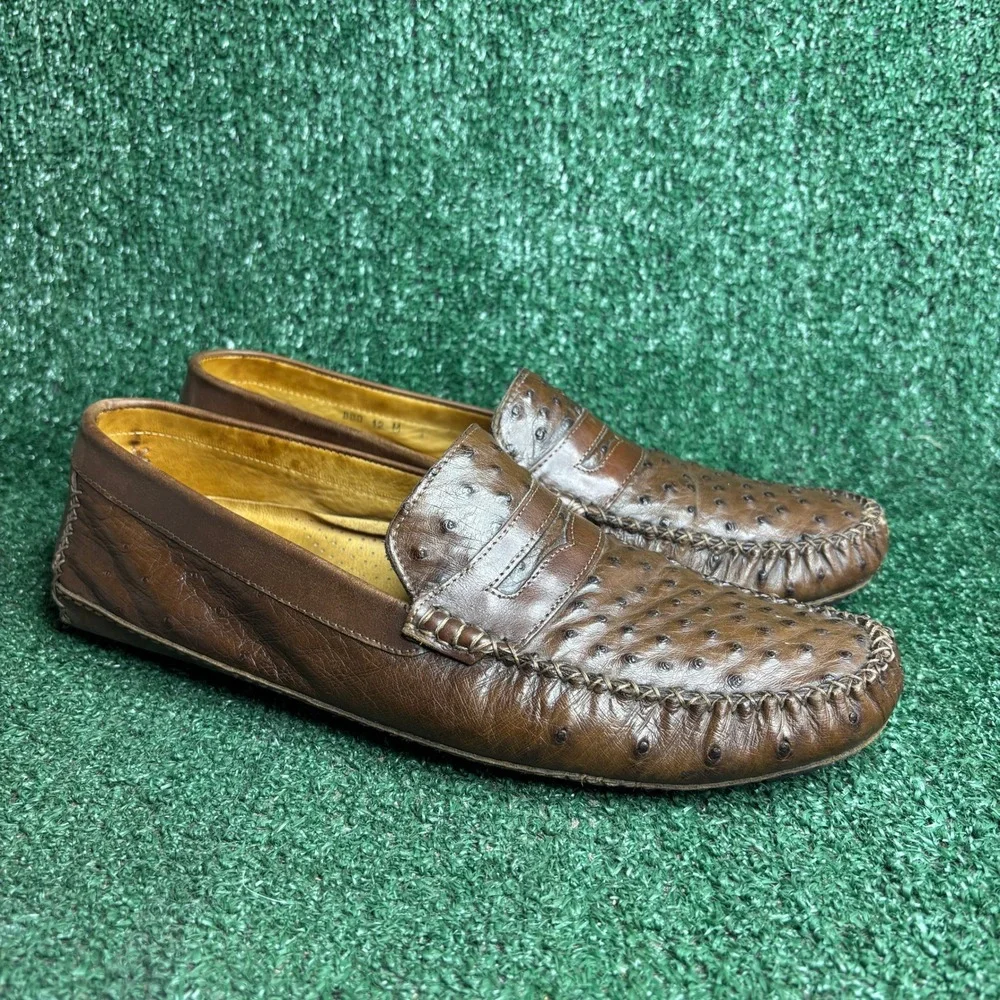 Zelli Genuine Ostrich Leather Penny Loafer Driver Classic Luxury Brown Mens 12 M